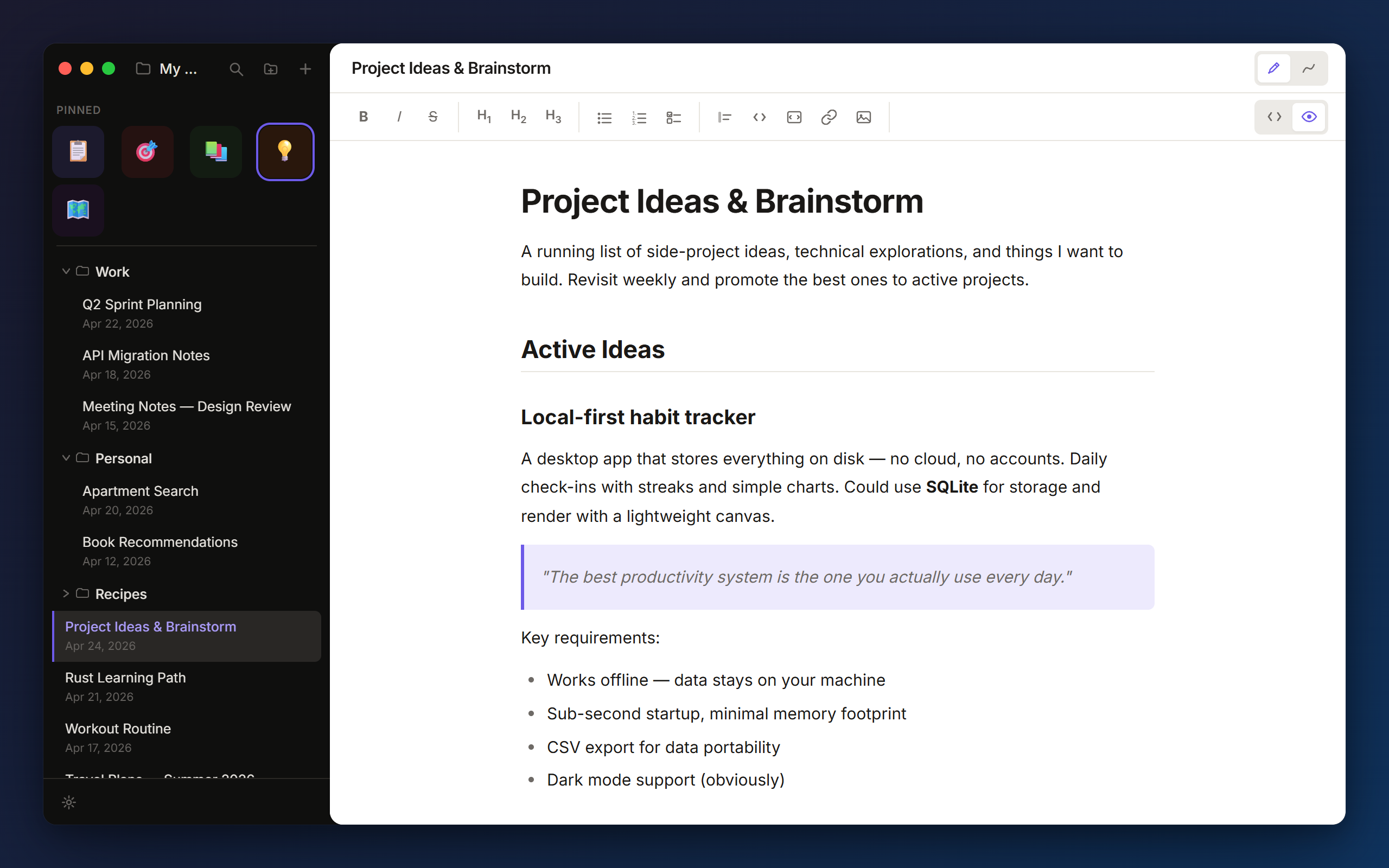 Jotter showing a markdown note with sidebar of folders and pinned items
